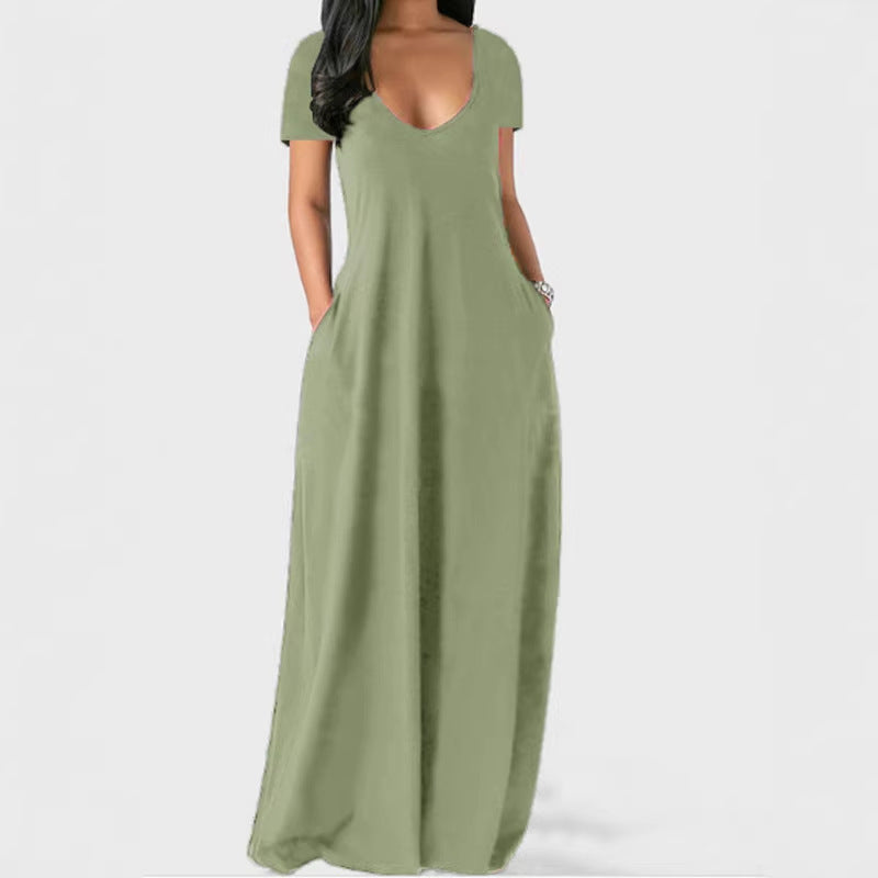 Robe d'été grande taille unie pour femme, sexy, décolleté plongeant en V, manches courtes, longue