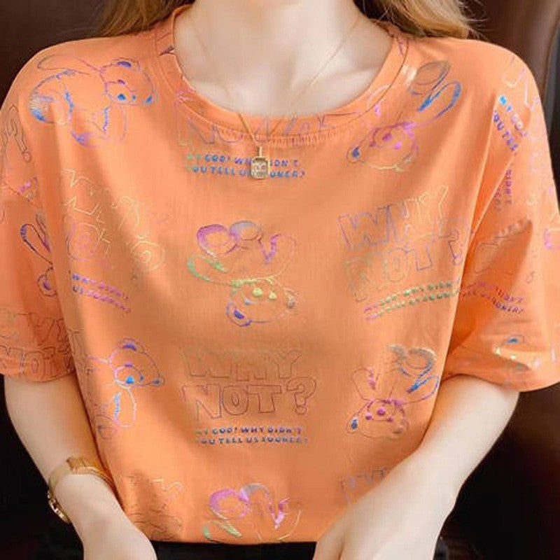 T-shirt décontracté à manches courtes pour femme en mélange de coton, coupe ample et épaules classiques