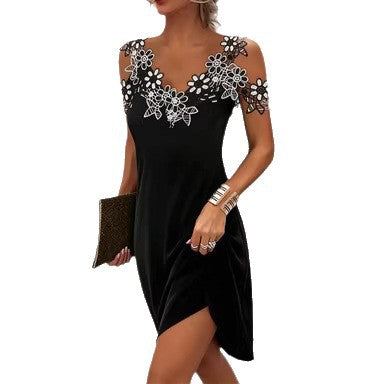Women's V-Neck Patchwork Lace Off-Shoulder Dress