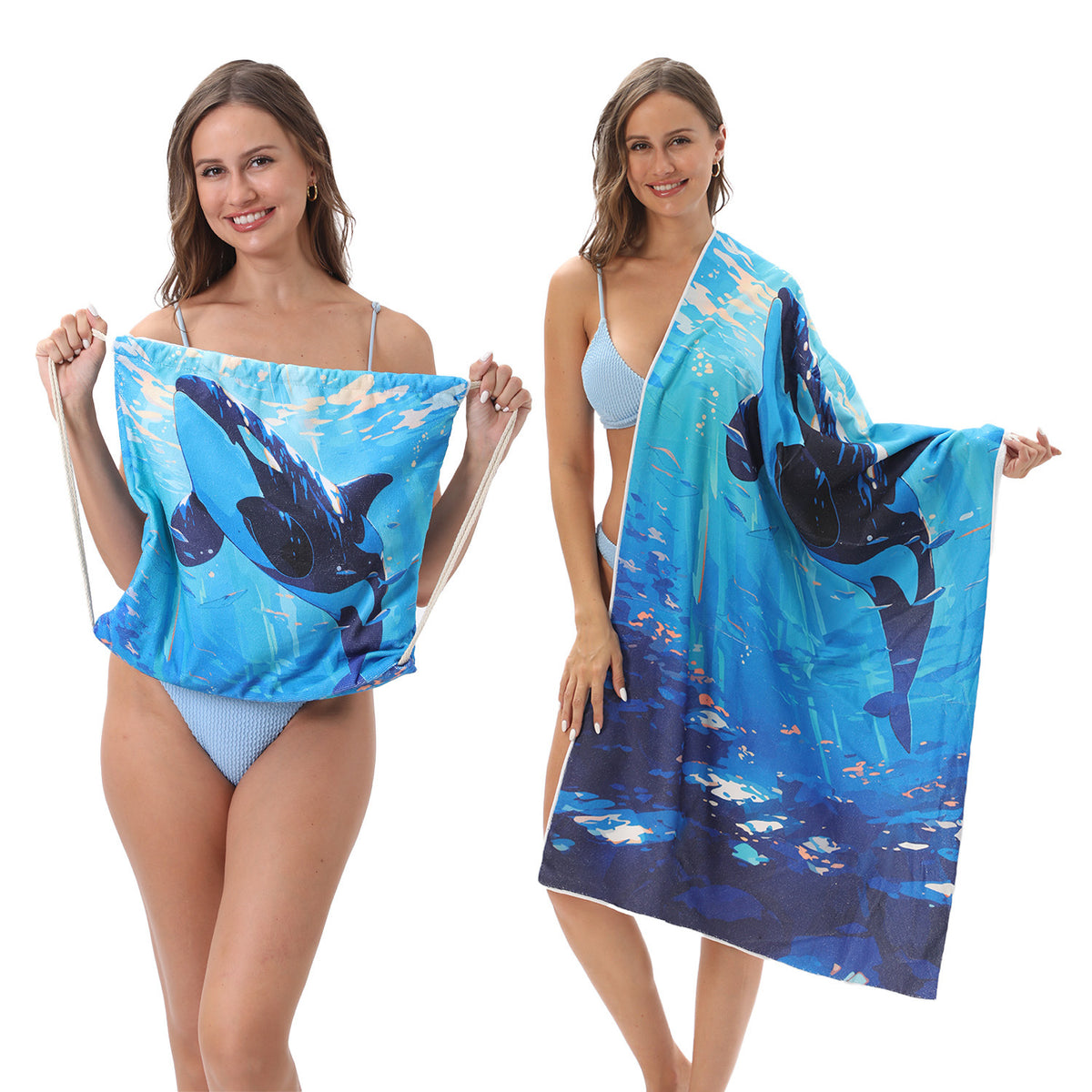 Serviette de plage pliable 2-en-1 et serviette de bain imprimée – Serviette de plage tout-en-un avec sac de rangement