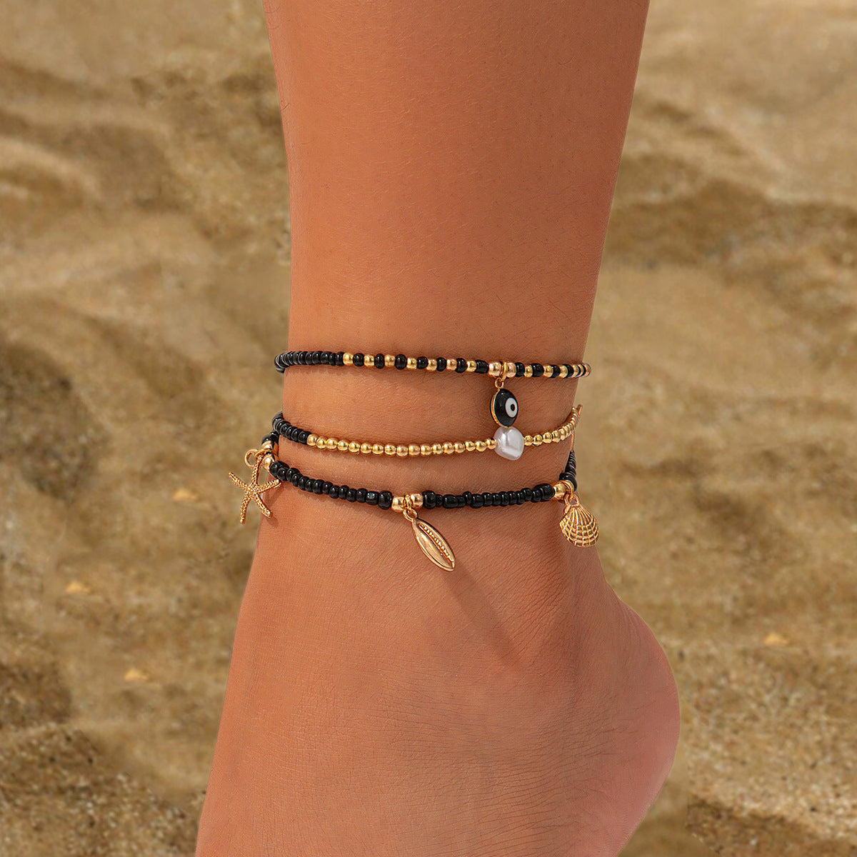Ensemble de 3 bracelets de cheville style plage décontracté (perles de riz rondes et chaînette en acrylique avec pendentifs goutte d'eau et pièce)