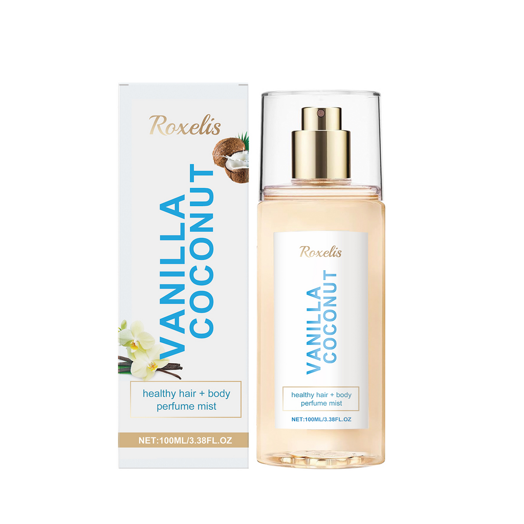 Roxelis Vanilla Coconut body mist, long-lasting with unique charm. A fresh, romantic and travel-friendly scent.