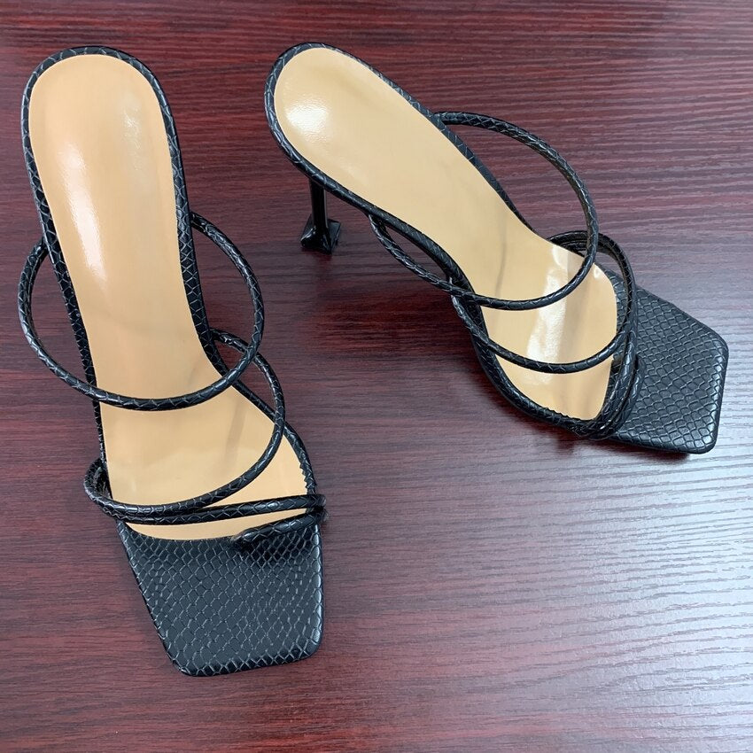 25,59 USD - Sandales à talons hauts imprimé serpent, mules à brides, pantoufles, escarpins, tongs, mules à bout carré, chaussures de soirée pour femmes