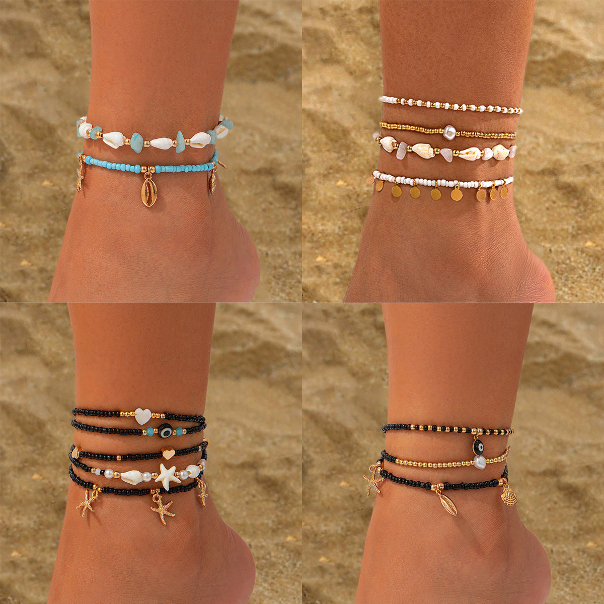 Ensemble de 3 bracelets de cheville style plage décontracté (perles de riz rondes et chaînette en acrylique avec pendentifs goutte d'eau et pièce)