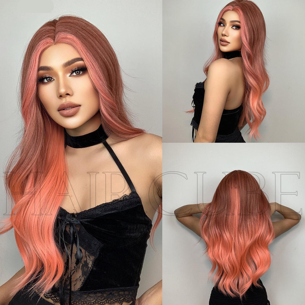 Perruque longue et bouclée de 61 cm (24 pouces) pour femme, raie au milieu, orange et rose.