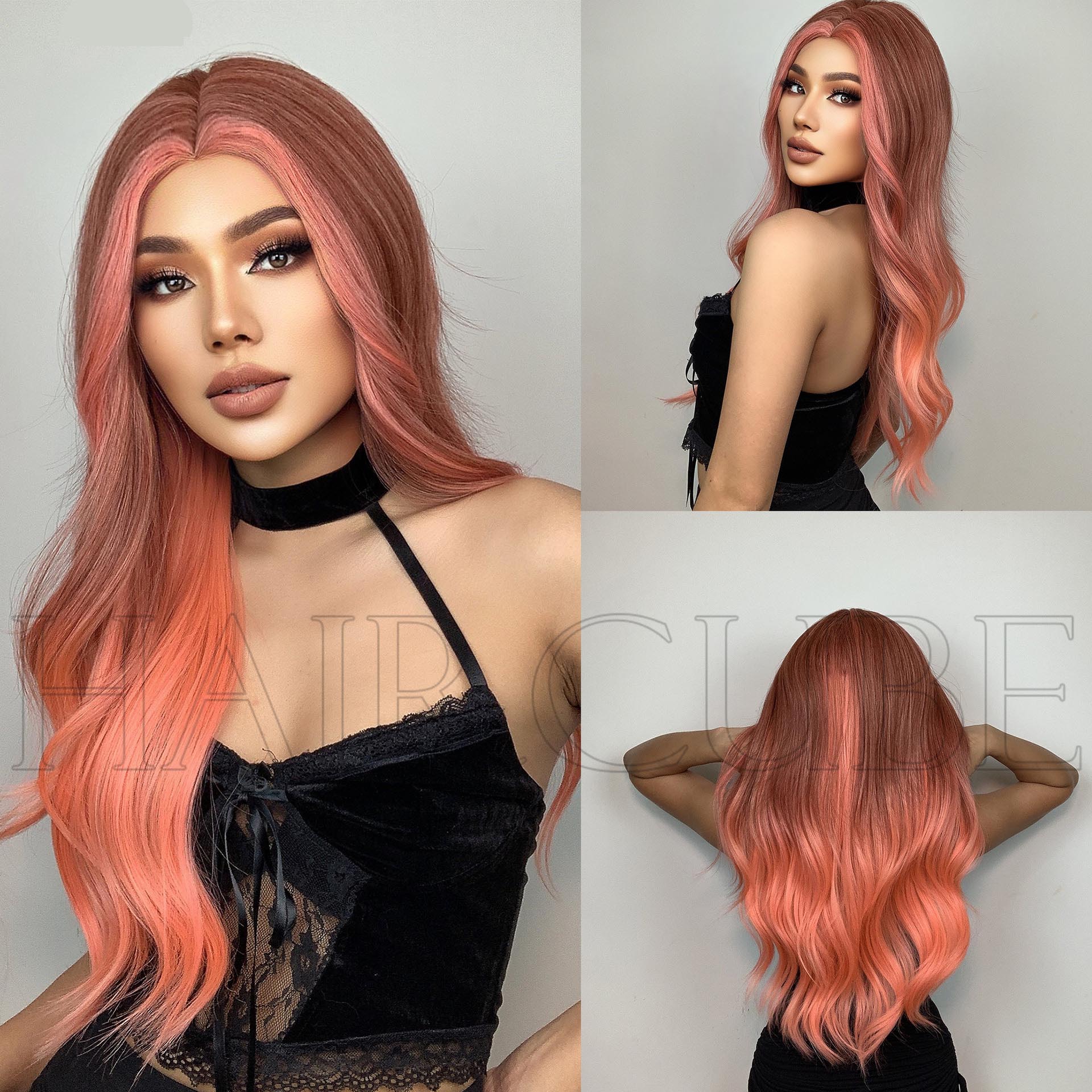 Perruque longue et bouclée de 61 cm (24 pouces) pour femme, raie au milieu, orange et rose.