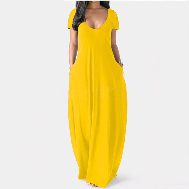Robe d'été grande taille unie pour femme, sexy, décolleté plongeant en V, manches courtes, longue