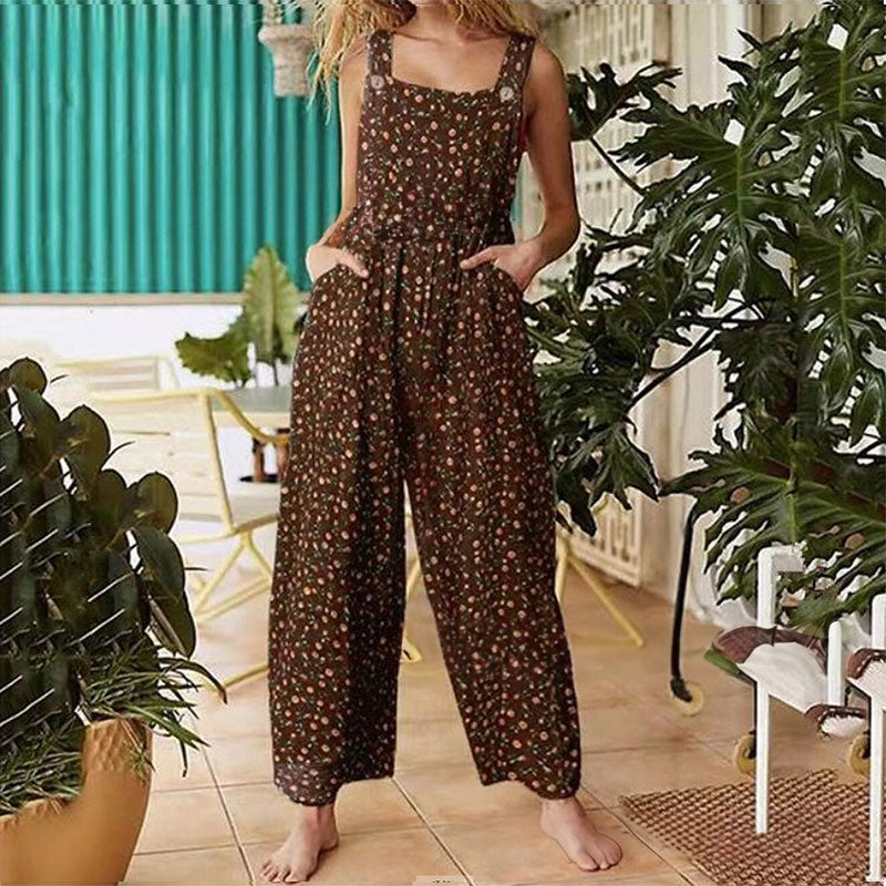 Combinaison en coton-lin décontractée pour femme – Sans manches, coupe ample, jambes larges, grandes tailles, style salopette longue et ample avec poches