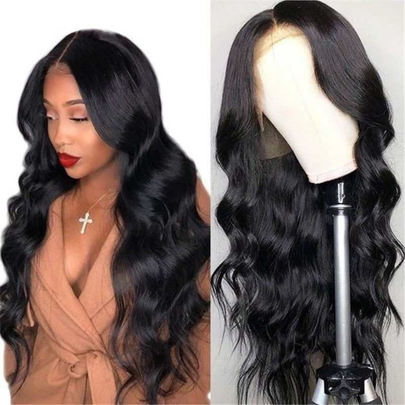 Perruque pour femme style européen/américain : longs cheveux bouclés noirs (type afro) avec raie au milieu et larges ondulations, en fibre synthétique (couverture complète)