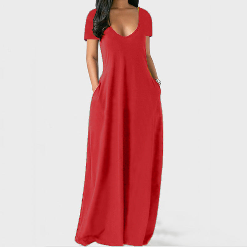 Robe d'été grande taille unie pour femme, sexy, décolleté plongeant en V, manches courtes, longue