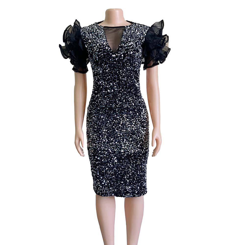 Robe de soirée africaine moulante en velours et résille à sequins