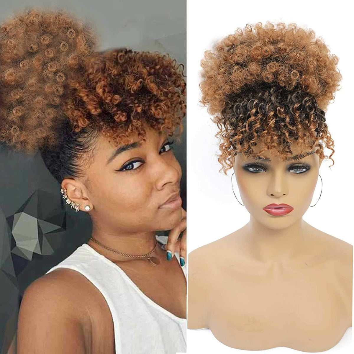 Coiffure tendance style européen/américain : frange volumineuse et petits rouleaux façon « chenille » pour cheveux afro.