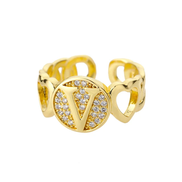 USD 7.92 - Women's Rainbow Zircon Initial Ring, Gold Stainless Steel, Adjustable, Bohemian Style. Couple Ring. Baguette Style Jewelry.
