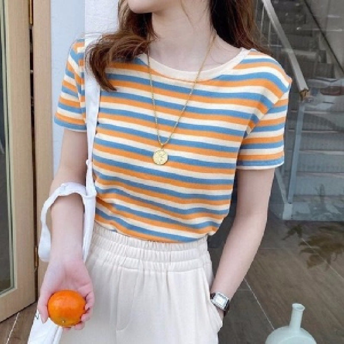 T-shirt rayé tendance à manches courtes pour femme – Haut décontracté et ajusté, idéal pour étudiante