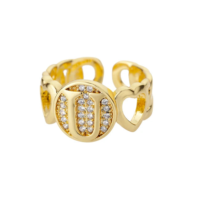 USD 7.92 - Women's Rainbow Zircon Initial Ring, Gold Stainless Steel, Adjustable, Bohemian Style. Couple Ring. Baguette Style Jewelry.