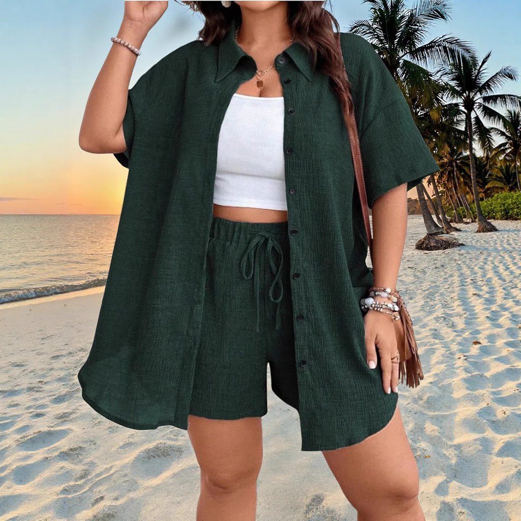 Ensemble cardigan et short boutonné, couleur unie, style vacances, pour femme, grandes tailles.
