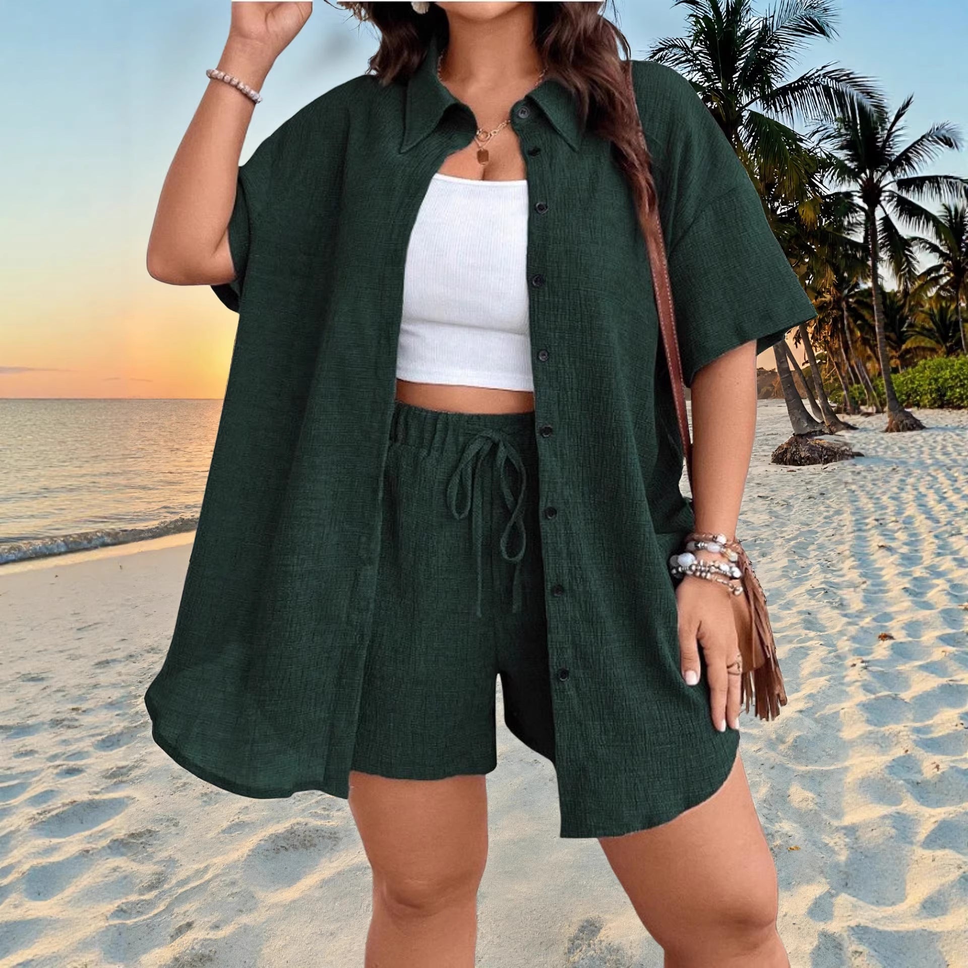 Ensemble cardigan et short boutonné, couleur unie, style vacances, pour femme, grandes tailles.