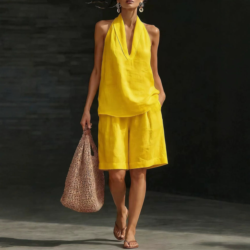 Ensemble décontracté pour femme (gilet et short) en mélange lin-coton, coupe ample tendance, style printemps-été