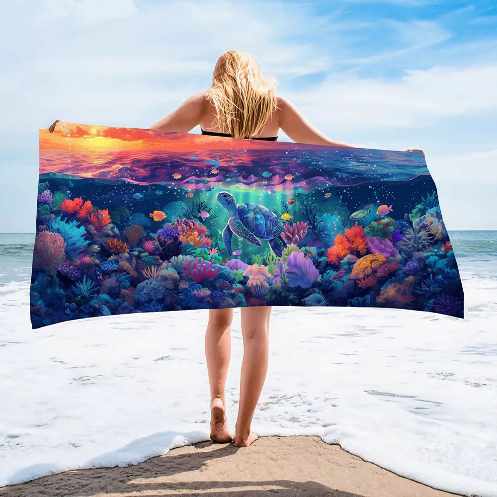 Serviette de plage en microfibre ultra-fine à motif de tortue marine – Serviette de bain double face à séchage rapide – Tapis de plage anti-sable