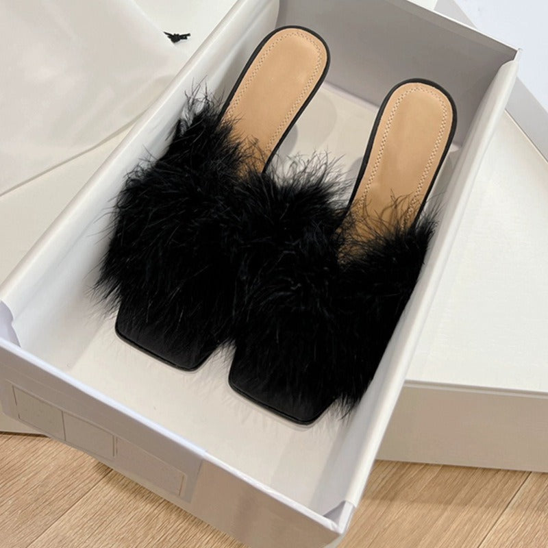 102.44 USD chaussons à talons hauts en fourrure et poil de chameau, bout ouvert, talon épais, demi-chaussons en fourrure