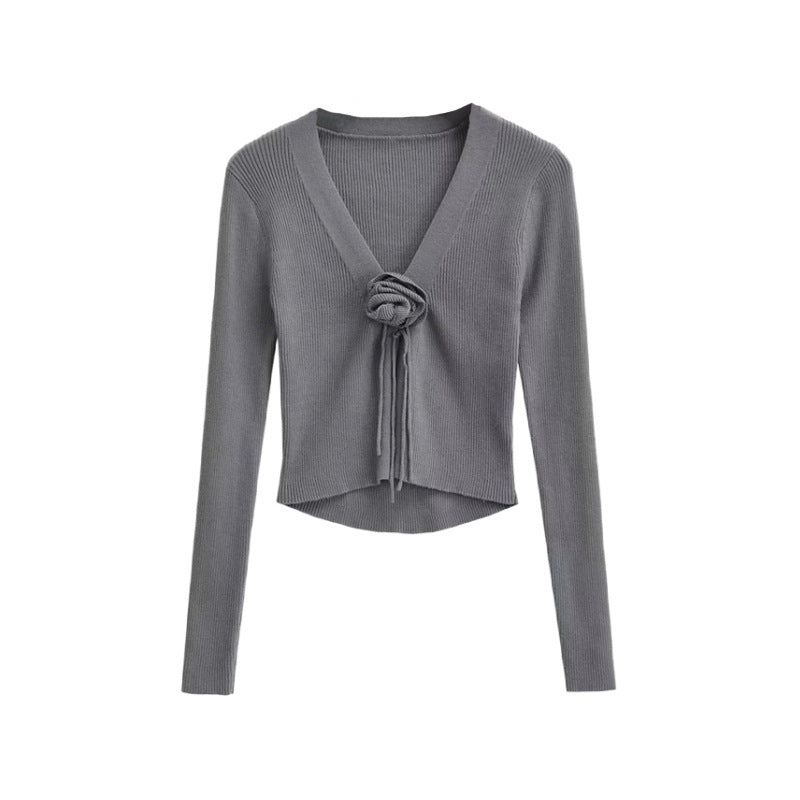 Spicy girl design V-neck chest rose long sleeved knitted sweater autumn new slim fit outerwear short cardigan top