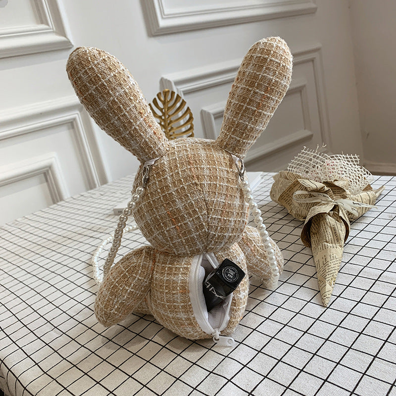 Cute Red Mesh Rabbit Handbag for Doll, Trendy Girl's Bag with Pearl Chain and Coin Purse