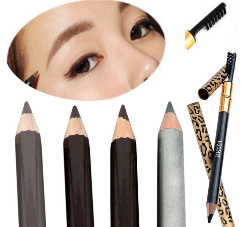 Lápiz de cejas de leopardo para mujer, resistente al agua, negro, marrón, color café, con pincel, herramienta de maquillaje para ojos