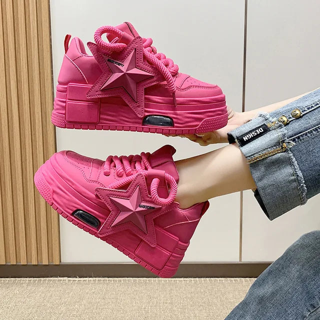 Women's Platform Sneakers, Casual Sports Shoes, Custom Star Design, Vulcanized, for Outdoor Running and Walking, Sizes 35-40.