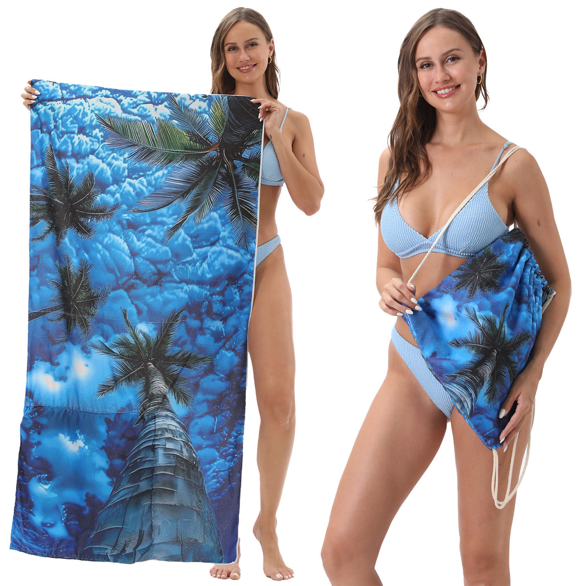 Serviette de plage pliable 2-en-1 et serviette de bain imprimée – Serviette de plage tout-en-un avec sac de rangement