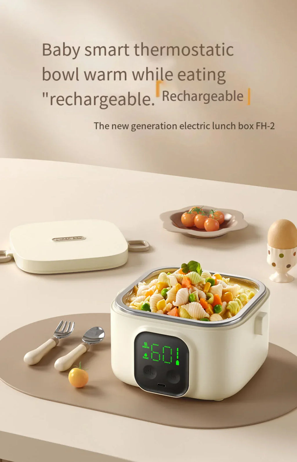 Wireless and waterless portable heating lunch box, small capacity, ideal for babies and camping trips. LCD screen. Rechargeable electric lunch box.