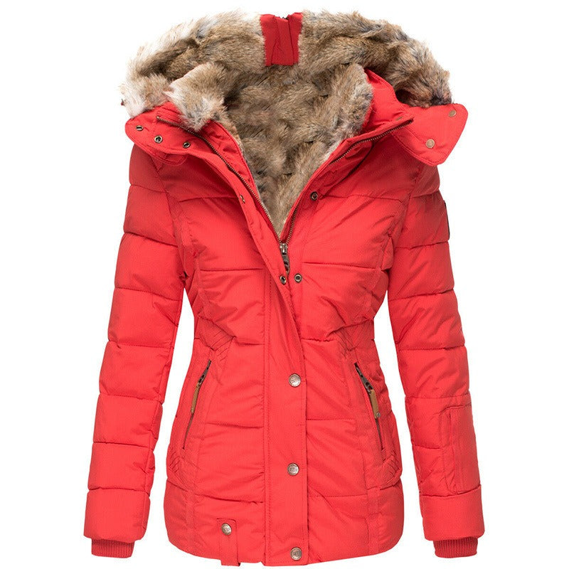 Women's warm winter coat in wool and cotton, wool collar, zip closure, long sleeves, slim fit, hood
