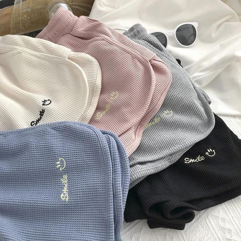 17,35 USD - Short de survêtement en maille gaufrée pour femme, idéal pour l'été, décontracté, ample, taille haute, à porter à la maison, jambes larges, short court, vêtement d'extérieur