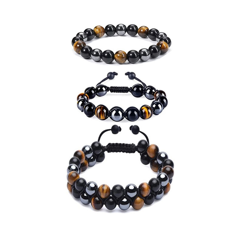 $13.59/14.75 USD - 8mm Black Tiger Eye Beaded Adjustable Double Bracelet, Braided Elastic Cord, Hand Pull.