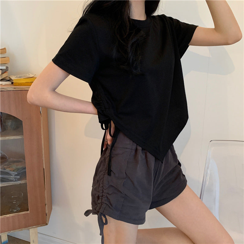 Women's Irregular Drawstring Short-Sleeved Crop Top, Casual Streetwear Student Style.