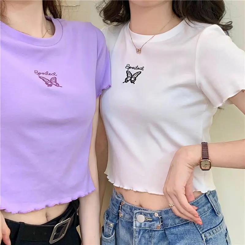 High Waist Crop Top Women's Slim Fit Stretchy Versatile Butterfly Embroidery Short Sleeve T-Shirt