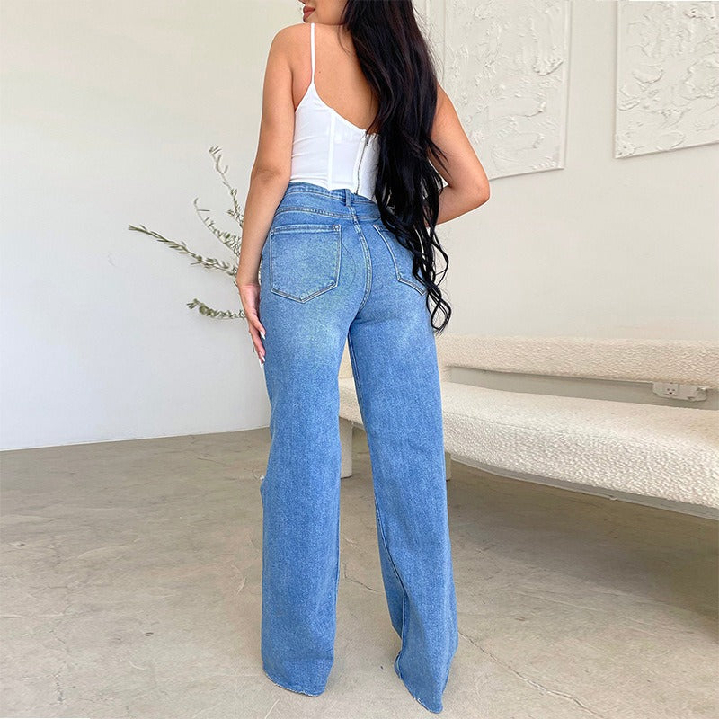 Pantalon femme, jean déchiré, pantalon en denim taille haute, pantalon en denim à jambes larges, vêtements en denim bleu, jean vintage, mode décontractée, pantalon droit