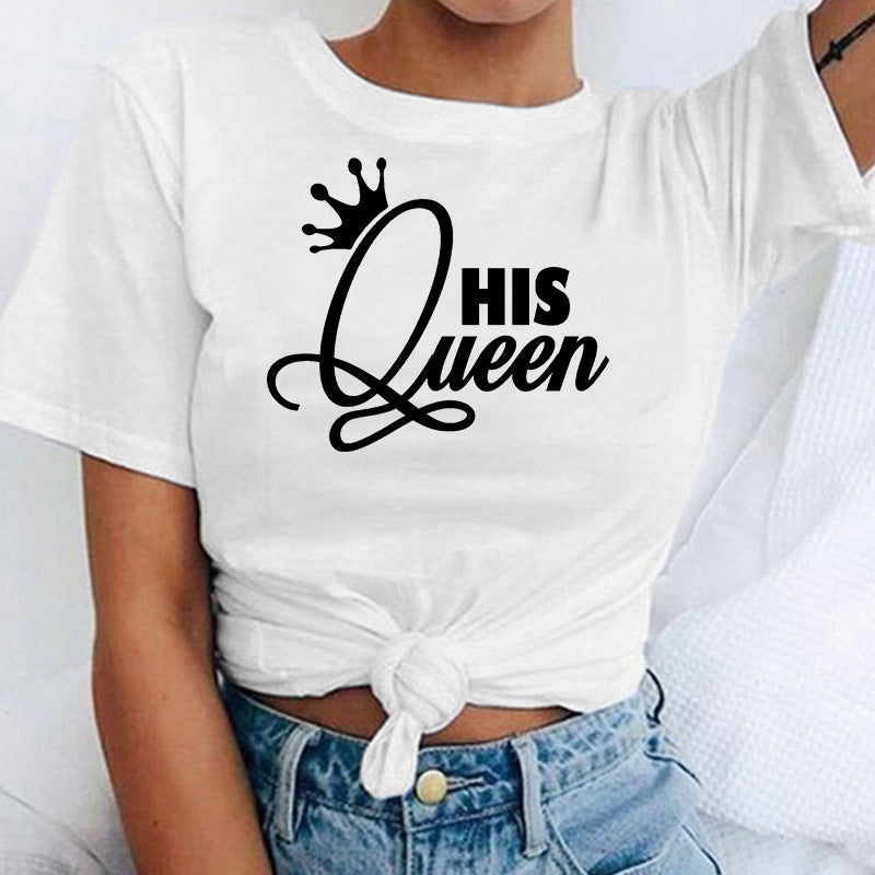 17.46 USD T-shirts à manches courtes pour couples, imprimé couronne roi/reine, style décontracté
