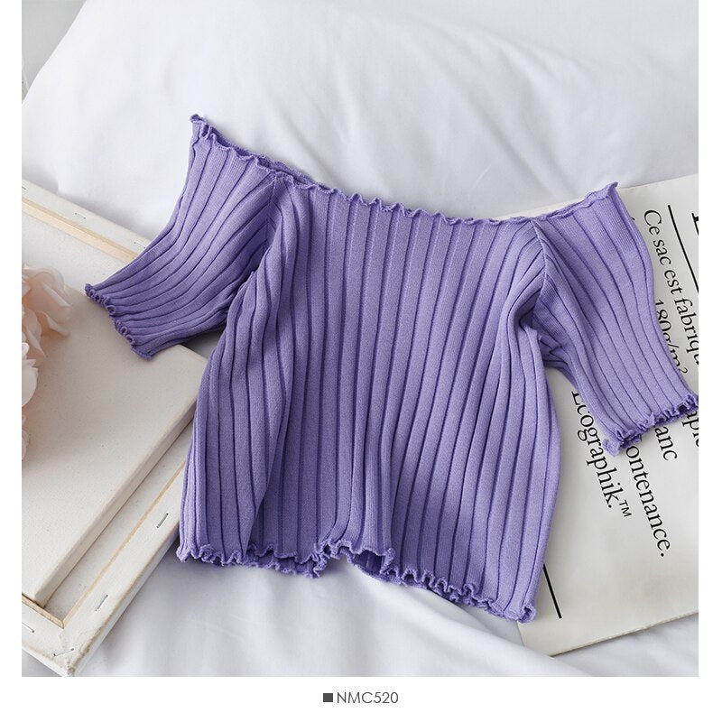 16.19 USD - HELIAR Women's Off Shoulder Mesh Crop Tops Short Sleeve Ruffle Hem Stretchy Summer Collection 2020