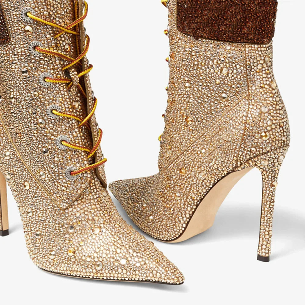 Short ankle boots with crossed straps, dégradé colors, "Water Diamond" style, sexy and daring, perfect for parties and special occasions. Sizes 35 to 41.
