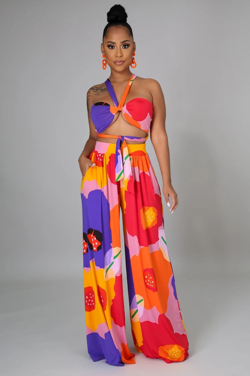 Vêtements pour Femmes Robe Longue Imprimée Florale Nouveau Haut Tube Élégant Décontracté Pantalon Col V Ensemble 2 Pièces Femme