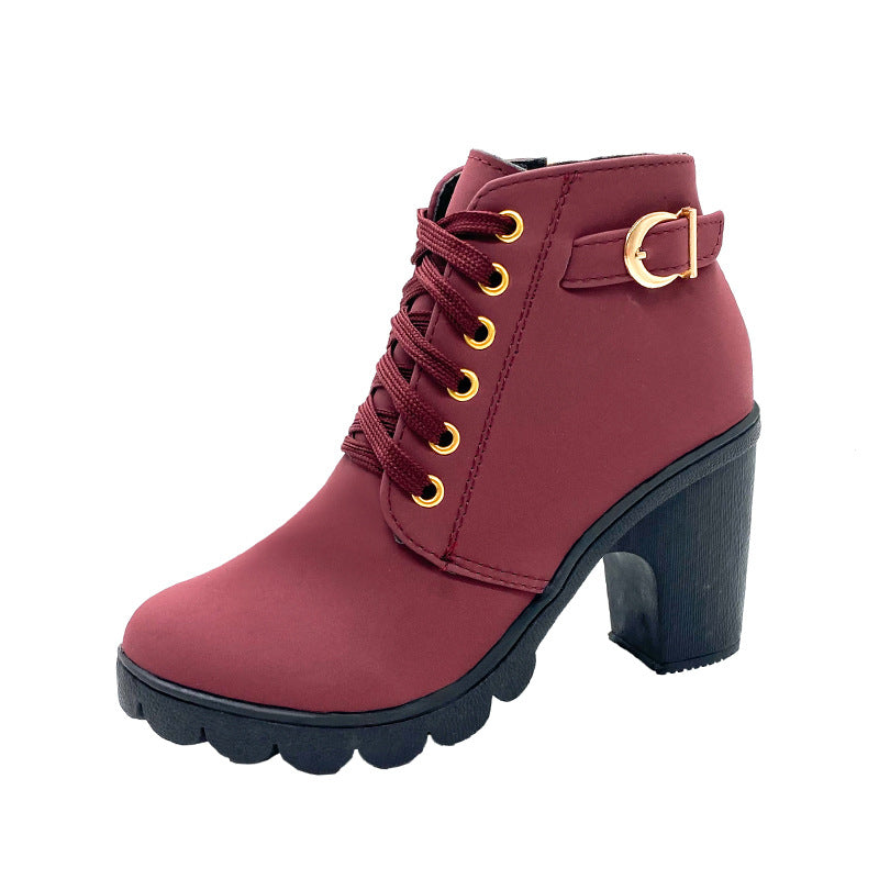 Women's high-heeled Martin boots, buckle, chunky heel, and round toe