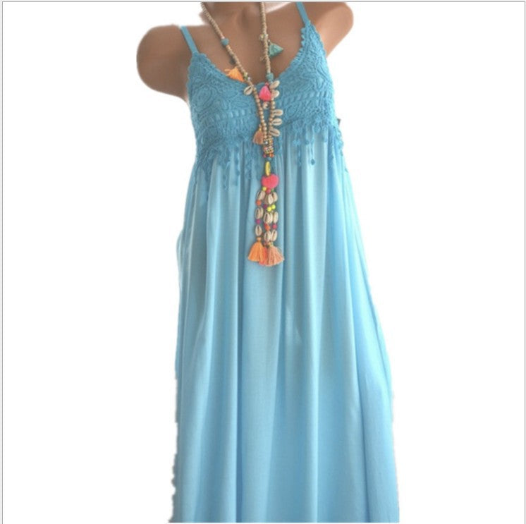 27,14 USD - Robe mi-longue à bretelles, sexy, en dentelle unie et empiècements,