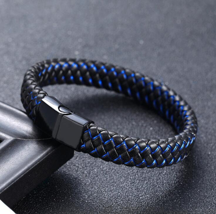 14.86 USD - Men's Black and Blue Braided Leather Bracelet, Stainless Steel Magnetic Clasp, Charm Bracelet, Gift