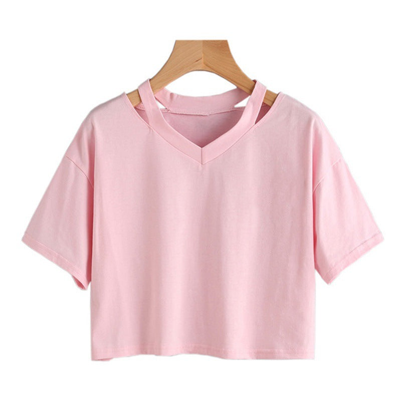 13.97 USD - Loose-fitting, off-the-shoulder top with V-neck and short sleeves, solid color, ideal for everyday wear.
