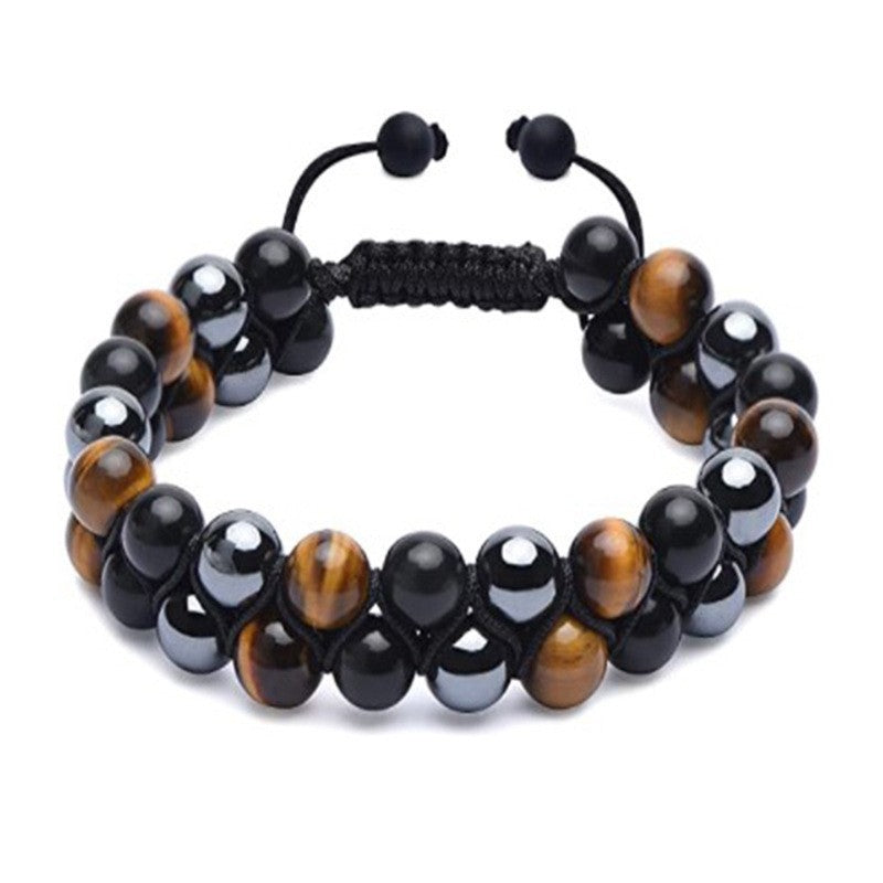 $13.59/14.75 USD - 8mm Black Tiger Eye Beaded Adjustable Double Bracelet, Braided Elastic Cord, Hand Pull.