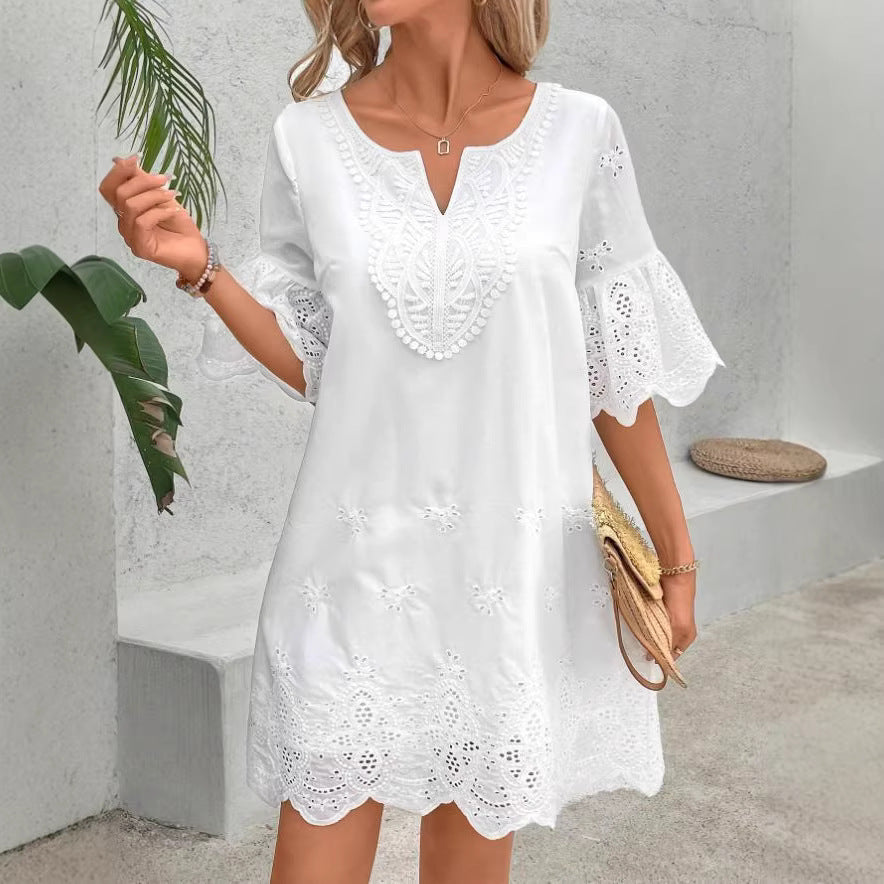 Robe femme unie à manches cinq-quarts et broderie ajourée