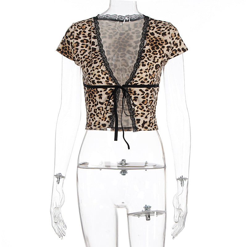 16,05 USD - T-shirt cardigan zippé en dentelle léopard