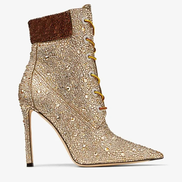 Short ankle boots with crossed straps, dégradé colors, "Water Diamond" style, sexy and daring, perfect for parties and special occasions. Sizes 35 to 41.