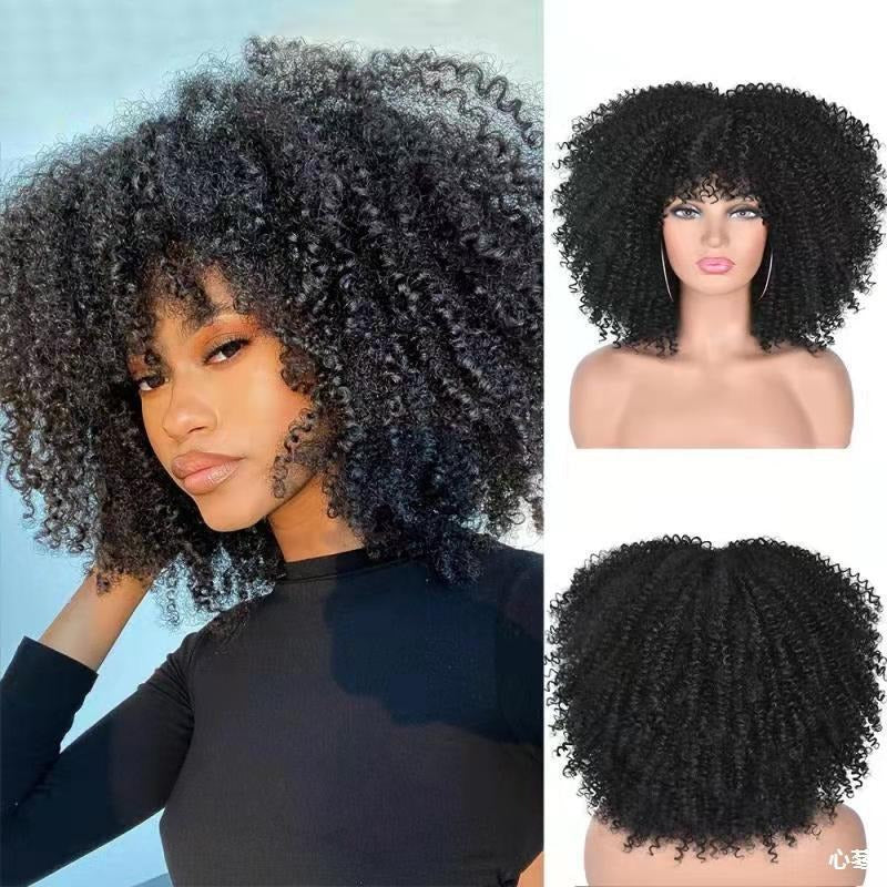 Perruque afro bouclée noire en fibres synthétiques, ensemble complet