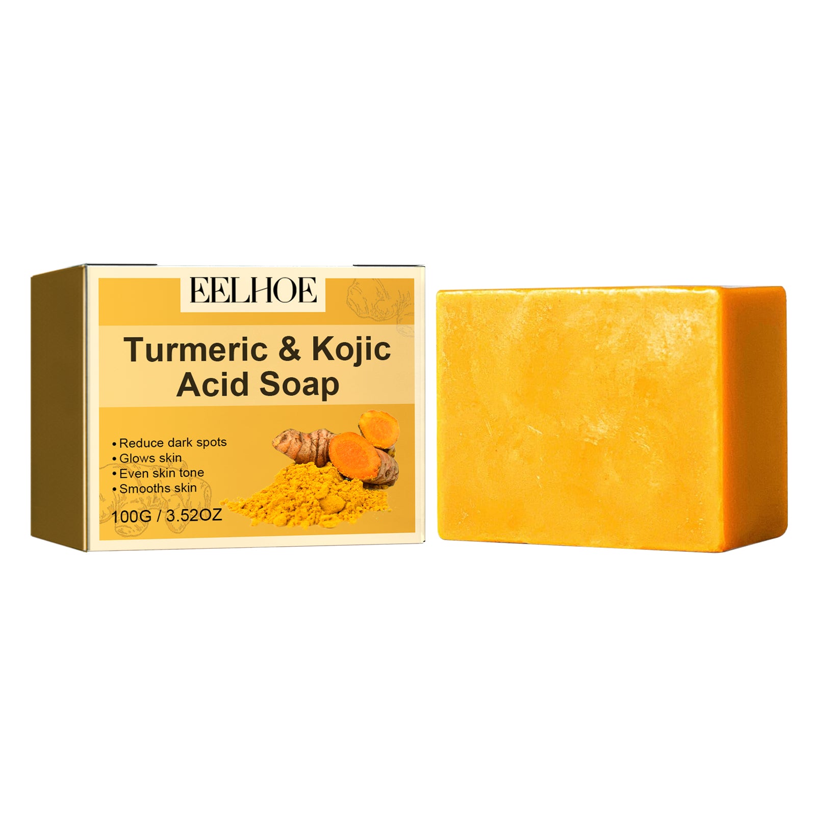 17.44 USD - Turmeric and Kojic Acid Soap, gently cleanses the face, fades spots, brightens the complexion, and moisturizes the skin for an even tone.